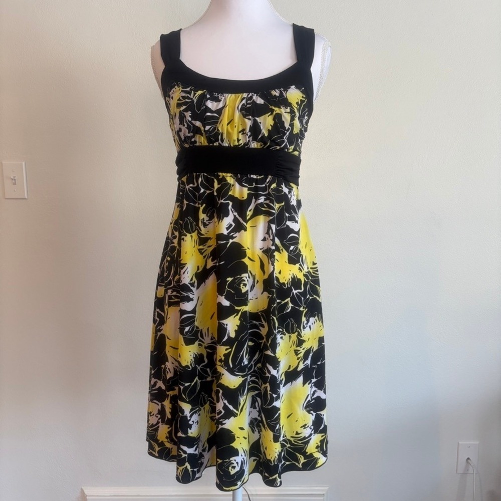 Vtg La Belle 90s Y2K Babydoll Dress M Black/Yellow Floral Milkmaid Coquette FLAW